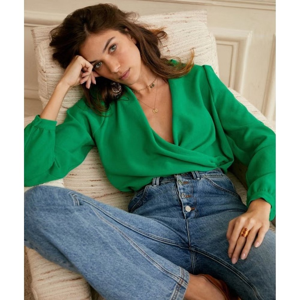 💚 NEW Sezane Abelia Blouse in Green Flash size US 12 / Euro 44